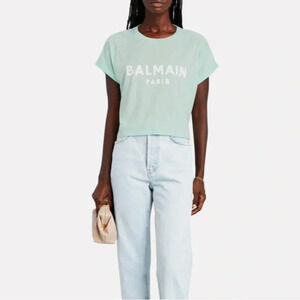 NWT BALMAIN Paris Women’s Cropped Logo Short Sleeve Tee Shirt Light Green S